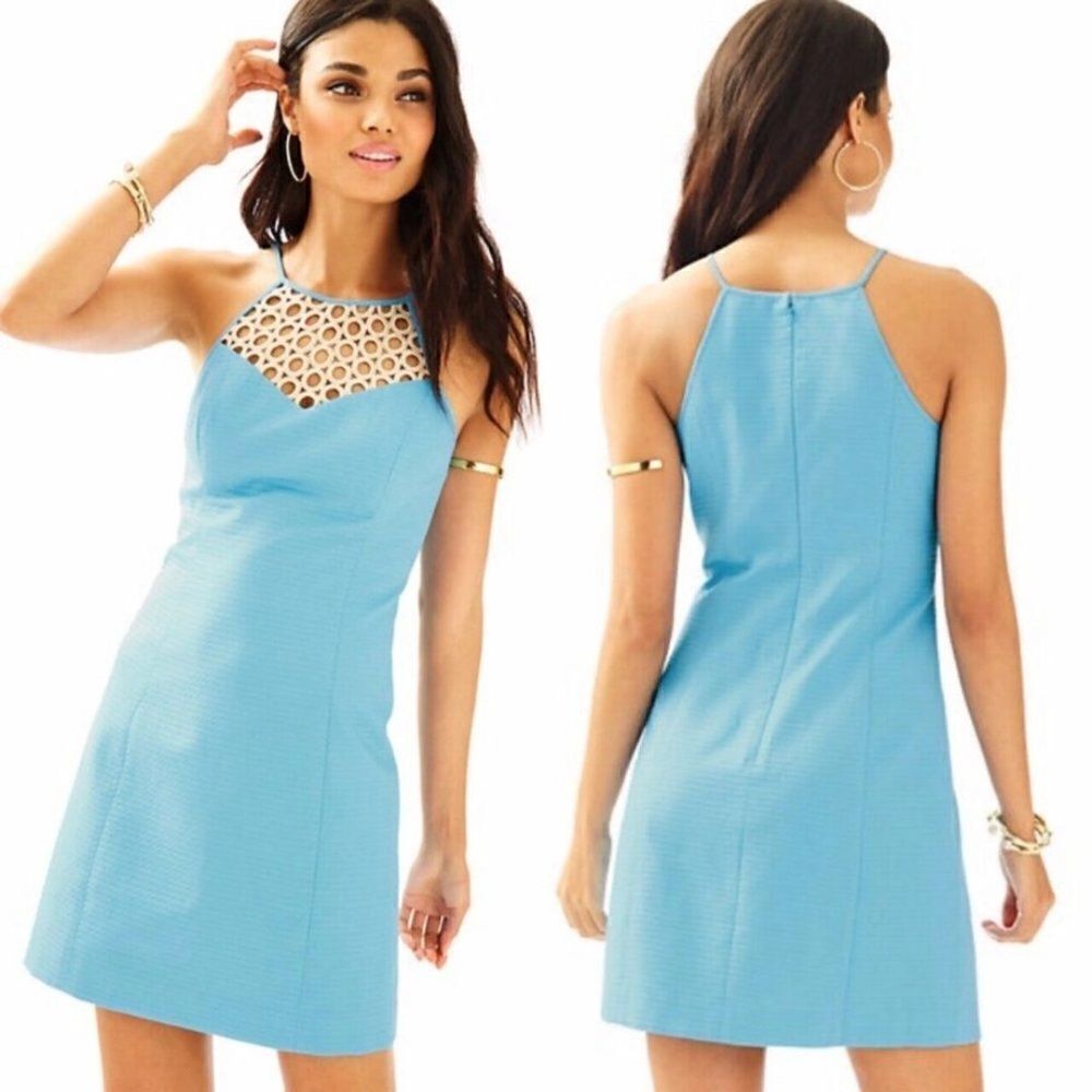 LILLY PULITZER Larina‎ Seaspray Blue Gold Circle Halter Shift Dress size 2